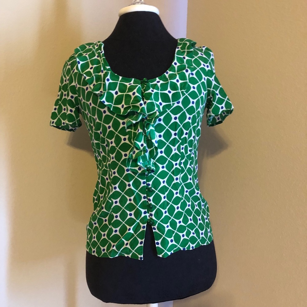 Fossil silk printed green ruffle blouse💜